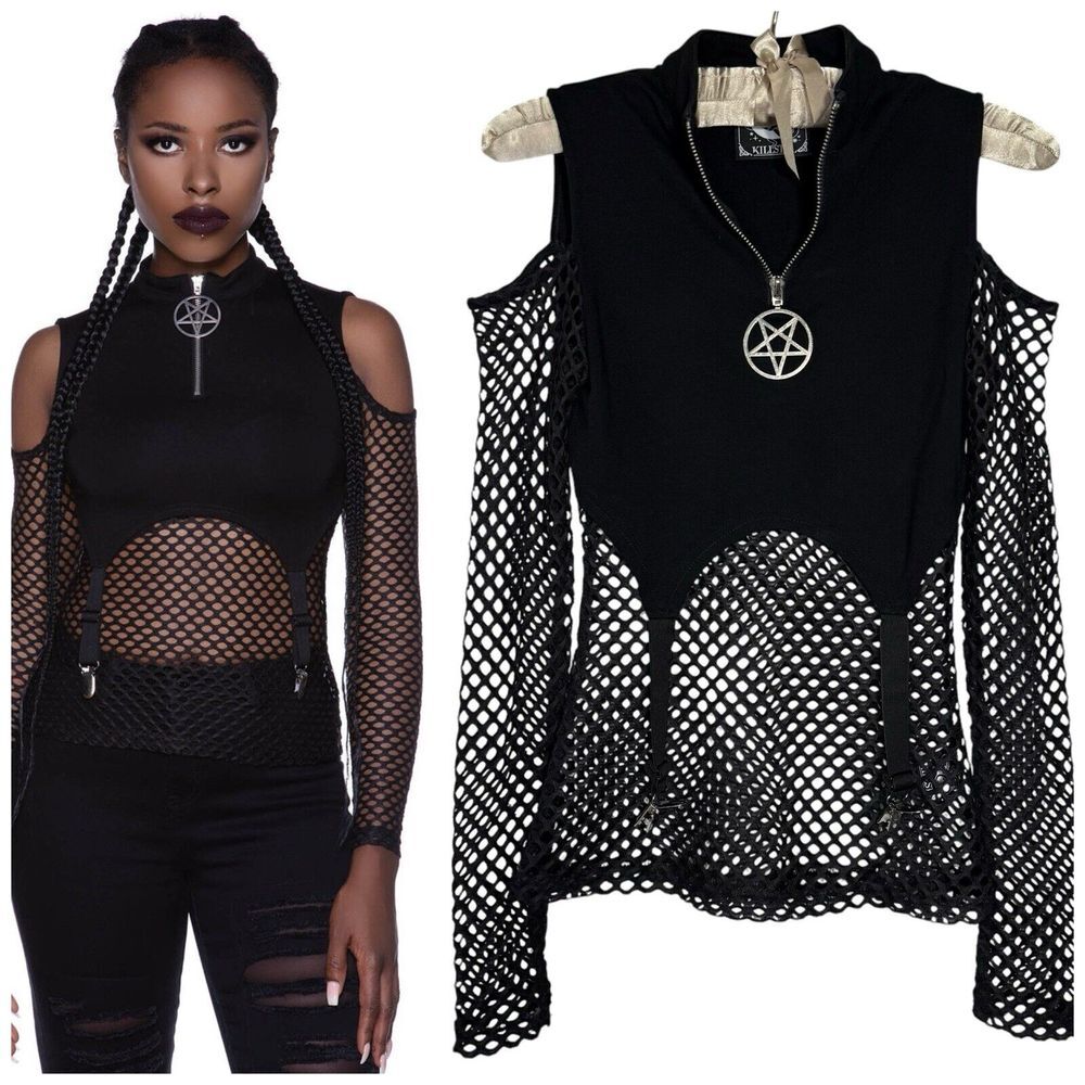 Killstar Iris XS Top Black Hoodie - Fishnet Suspender Clips